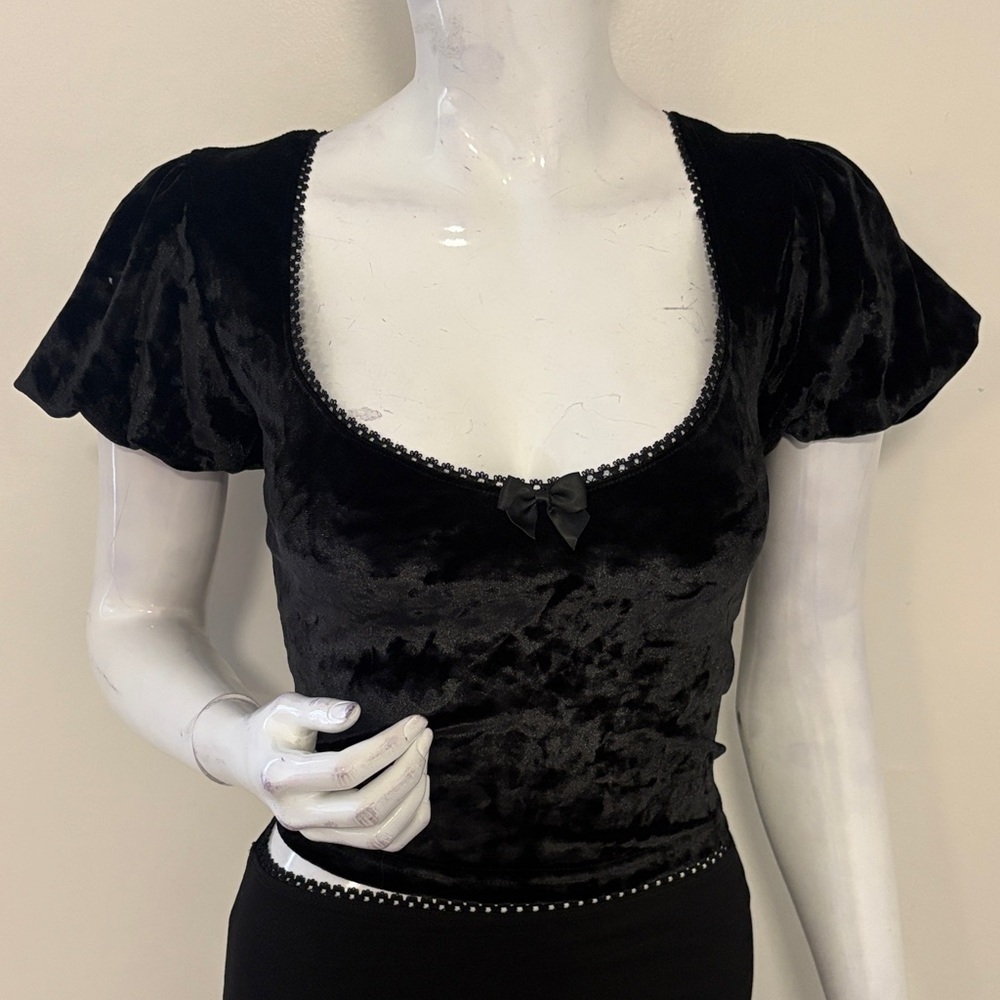 Dolls Kill Brand Widow Black Velvet Puff Sleeve Scoop Neck Top Laces up the Back